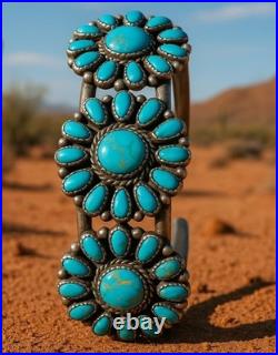Vintage Stamped CBR Sterling Turquoise Petite Point Cluster Cuff SS Bracelet