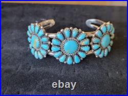 Vintage Stamped CBR Sterling Turquoise Petite Point Cluster Cuff SS Bracelet