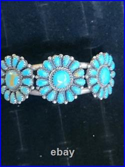 Vintage Stamped CBR Sterling Turquoise Petite Point Cluster Cuff SS Bracelet