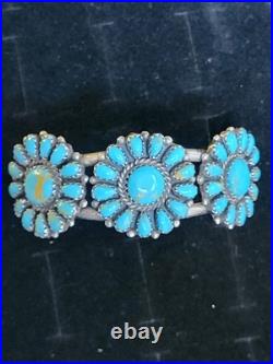 Vintage Stamped CBR Sterling Turquoise Petite Point Cluster Cuff SS Bracelet