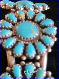 Vintage Stamped CBR Sterling Turquoise Petite Point Cluster Cuff SS Bracelet