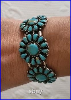 Vintage Stamped CBR Sterling Turquoise Petite Point Cluster Cuff SS Bracelet