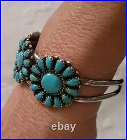 Vintage Stamped CBR Sterling Turquoise Petite Point Cluster Cuff SS Bracelet