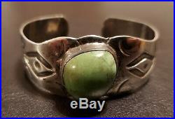 Vintage Stamped Sterling Silver Lime Green Turquoise Cabochon Cuff Bracelet