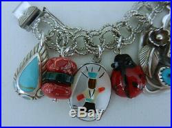 Vintage Sterling Charm Bracelet Southwest Turquoise Coral Zuni Navajo 19 Charms
