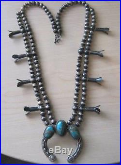 Vintage Sterling Silver 2 Row Turquoise Squash Blossom Necklace Nr