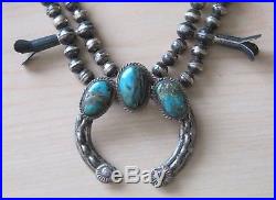 Vintage Sterling Silver 2 Row Turquoise Squash Blossom Necklace Nr
