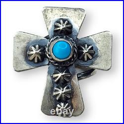 Vintage Sterling Silver 925 Running Bear Sleeping Beauty Turquoise Cross Ring