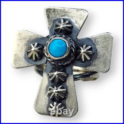 Vintage Sterling Silver 925 Running Bear Sleeping Beauty Turquoise Cross Ring