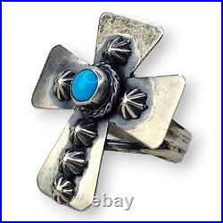 Vintage Sterling Silver 925 Running Bear Sleeping Beauty Turquoise Cross Ring