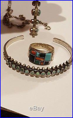 Vintage Sterling Silver 925 Turquoise Coral Zuni Ring Cuff Bracelet Necklace