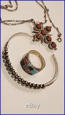 Vintage Sterling Silver 925 Turquoise Coral Zuni Ring Cuff Bracelet Necklace