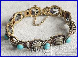 Vintage Sterling Silver Bracelet Turquoise Gild Womens Jewelry Rare Old 14.7 gr