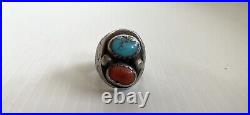 Vintage Sterling Silver Cast Womens Cast Ring With Turquoise Coral Size 8 Old Pawn