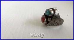 Vintage Sterling Silver Cast Womens Cast Ring With Turquoise Coral Size 8 Old Pawn