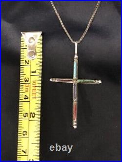 Vintage Sterling Silver Cross & Necklace Zuni Style Inlaid Turquoise, Coral Lapis