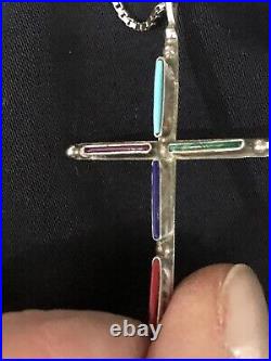 Vintage Sterling Silver Cross & Necklace Zuni Style Inlaid Turquoise, Coral Lapis
