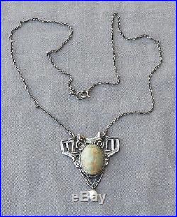 Vintage Sterling Silver Green Turquoise Pearl Dangle Arts & Crafts Pendant