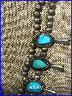 Vintage Sterling Silver LARGE Squash Blossom Turquoise Necklace 14946/ECC/OSF