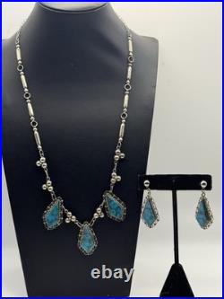 Vintage Sterling Silver Mexican Matrix Turquoise Necklace & Earrings Jewelry Set