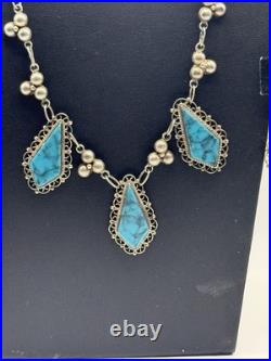 Vintage Sterling Silver Mexican Matrix Turquoise Necklace & Earrings Jewelry Set
