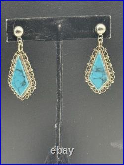 Vintage Sterling Silver Mexican Matrix Turquoise Necklace & Earrings Jewelry Set