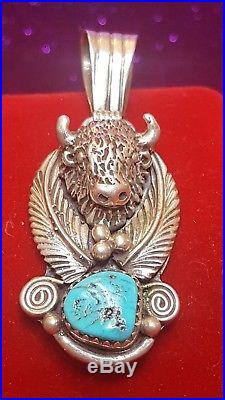 Vintage Sterling Silver Morenci Turquoise Pendant Buffalo Native American C1950