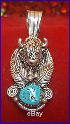 Vintage Sterling Silver Morenci Turquoise Pendant Buffalo Native American C1950