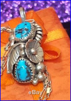 Vintage Sterling Silver Morenci Turquoise Pendant Necklace Gemstone Navajo 18