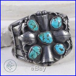 Vintage Sterling Silver NAVAJO Turquoise Feather Cuff 118g Bracelet (6.5)
