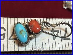 Vintage Sterling Silver Native American Coral & Turquoise Earrings Cuff Bracelet