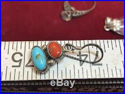 Vintage Sterling Silver Native American Coral & Turquoise Earrings Cuff Bracelet