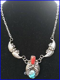 Vintage Sterling Silver Native American Red Coral/Turquoise Feather Necklace RM