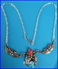 Vintage Sterling Silver Native American Red Coral/Turquoise Feather Necklace RM