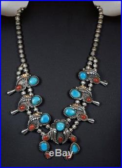 Vintage Sterling Silver Navajo Turquoise Coral Naja Squash Blossom Necklace 16