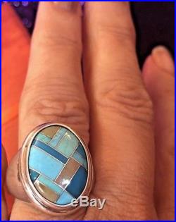 Vintage Sterling Silver Signed Carolyn Pollack Ring Inlaid Mosaic Turquoise