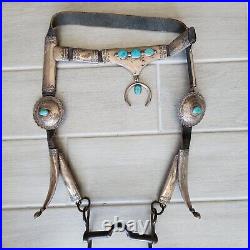 Vintage Sterling Silver Turquoise Concho Horse Tack with Bit Leather Headstall