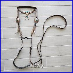 Vintage Sterling Silver Turquoise Concho Horse Tack with Bit Leather Headstall