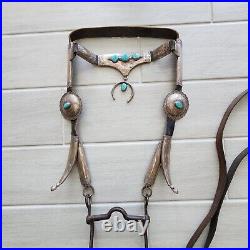 Vintage Sterling Silver Turquoise Concho Horse Tack with Bit Leather Headstall