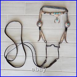 Vintage Sterling Silver Turquoise Concho Horse Tack with Bit Leather Headstall