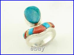 Vintage Sterling Silver Turquoise Coral Cobblestone Inlay Ring