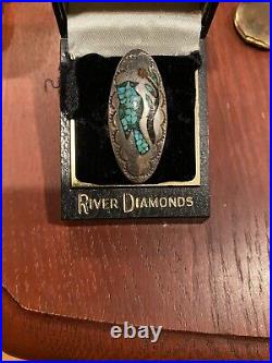 Vintage Sterling Silver Turquoise Coral MOP Chip Inlay Bird Branch Oval Ring