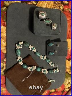 Vintage Sterling Silver Turquoise Jewelry Lot, Necklace, Rings, Earrings 925 Vintage Sterling Silver Turquoise Jewelry Lot, Necklace, Rings, Earrings 925