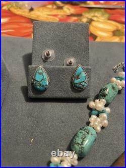Vintage Sterling Silver Turquoise Jewelry Lot, Necklace, Rings, Earrings 925 Vintage Sterling Silver Turquoise Jewelry Lot, Necklace, Rings, Earrings 925
