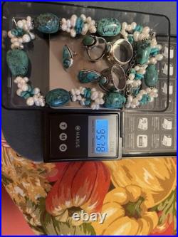 Vintage Sterling Silver Turquoise Jewelry Lot, Necklace, Rings, Earrings 925 Vintage Sterling Silver Turquoise Jewelry Lot, Necklace, Rings, Earrings 925