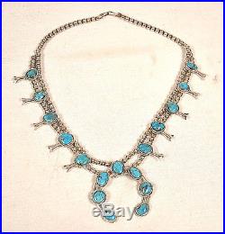 Vintage Sterling Silver Turquoise Squash Blossom Necklace 91.0g
