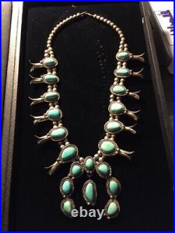 Vintage Sterling Silver Turquoise Squash Blossom Necklace With Naja