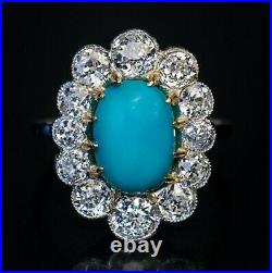 Vintage Style 925 Sterling Silver Turquoise & CZ Ring Halo Handmade Fine Jewelry