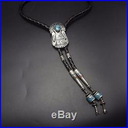 Vintage TOMMY SINGER Sterling Silver & TURQUOISE BOLO Tie NAVAJO Chip Inlay Tips