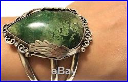 Vintage Taxco Mexico Sterling Silver Cuff Bracelet Large Green Turquoise (63.4g)